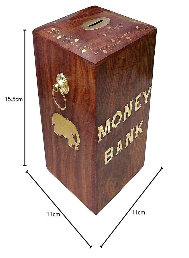 Giftoshopee Wooden Piggy Bank for Kids, (15.5 * 11 * 11cm)(6 * 4 inch) Handcrafted Brown Design Large Size Made by SHEESHAM Wood and Brass Golden Work/Piggy Bank/Money Bank/Money Box/Good for Saving - Image 2